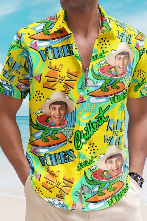 Cool Dinosaur On A Surfboard Ride The Wave - Personalized Photo Hawaiian Shirt