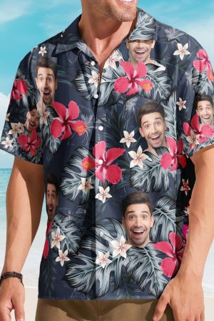 Custom Face Funny Photo For Men, Husband Red Hibiscus - Custom Photo Hawaiian Shirt