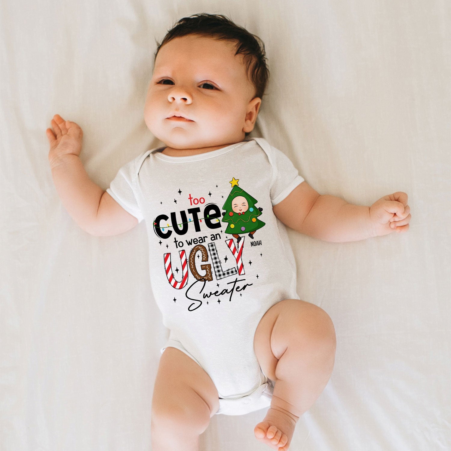 Too Cute To Wear An Ugly Sweater - Personalized Baby Onesie - Image 2
